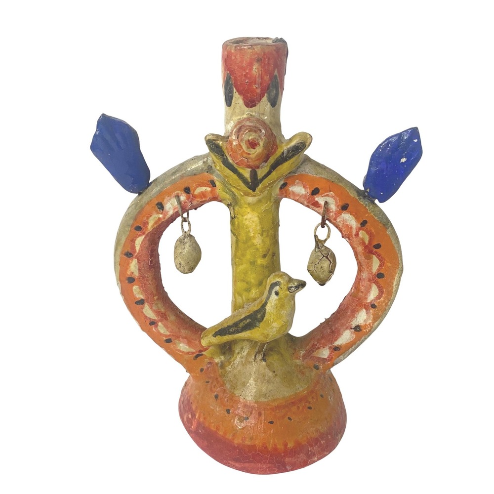 Mexico Folk Art 60s Metepec Candlestick Tree ofLife Bird Double Bell Aniline Dye